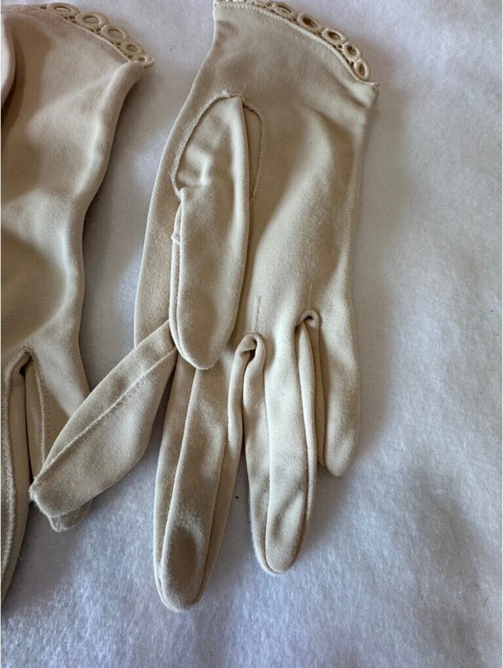Vintage Ivory Nylon Gloves with Rhinestone and Lace Trim Group of 3